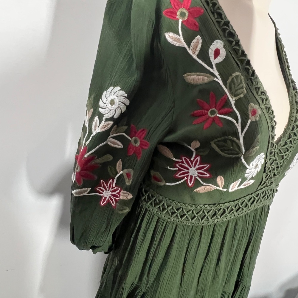 Mi Ami Dress Women Small Green Floral Embroidered Boho Mini Tiered Peasant Flowy - Picture 2 of 10